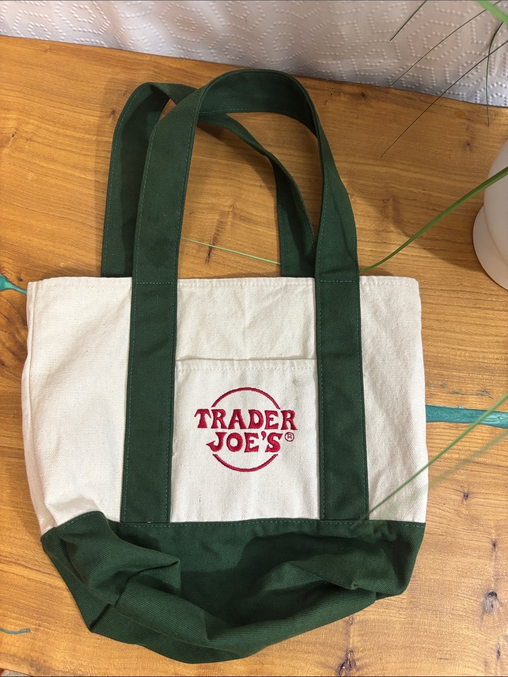 Trader Joes Mini Canvas Tote Bag - Natural and Dark Green